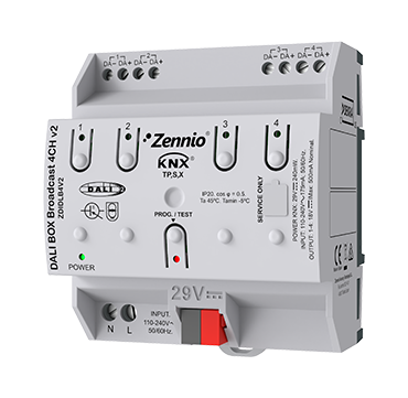 DALI BOX Broadcast 4CH v2 KNX-DALI Broadcast Interface for up to 4 channels with up to 64 ballasts each