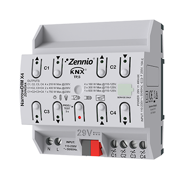 NarrowDIM X4. Universal dimmer actuator. 4 channels x 210W. 4.5 DIN units
