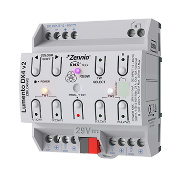 Lumento DX4 v2. 4-channel constant voltage PWM dimmer in DIN rail for DC LED loads.