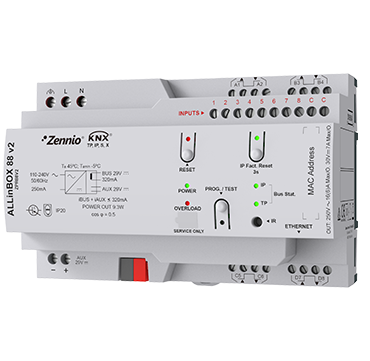ALLinBOX 88 v2. Multifunction device with KNX power supply, KNX-IP Interface, 8 outputs/8 inputs and logic module