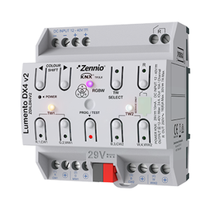 Lumento DX4 v2. 4-channel constant voltage PWM dimmer in DIN rail for DC LED loads.