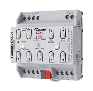 Lumento DX4 v2. 4-channel constant voltage PWM dimmer in DIN rail for DC LED loads.