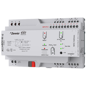 ALLinBOX 88 v2. Multifunction device with KNX power supply, KNX-IP Interface, 8 outputs/8 inputs and logic module