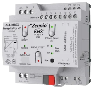 Zennio ALLinBOX Hospitality v2, Multifunction device with KNX power supply, KNX-IP Interface, fan coil controller for 2-pipe unit and 6 a/d inputs