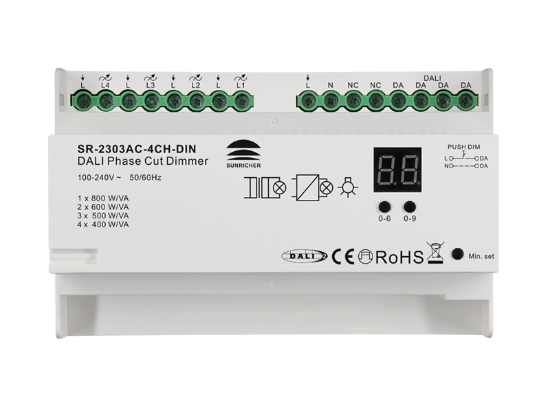 4 Channel DIN Rail DALI & Push Phase Cut Dimmer SR-2303AC-4CH-DIN